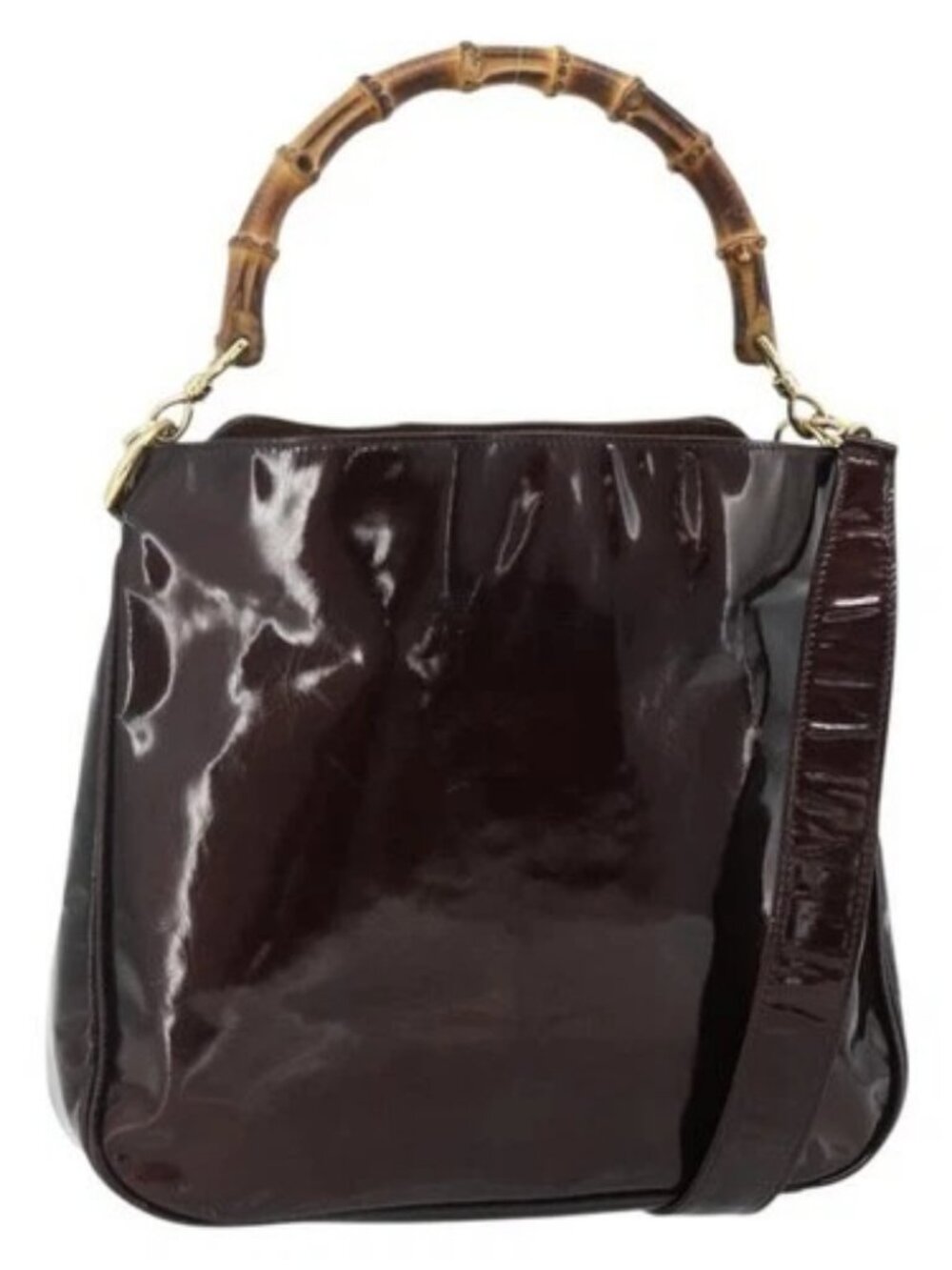 GUCCI Bamboo Bag Patent leather 2way Brown Gold 001 1705 1638 Auth ti3928